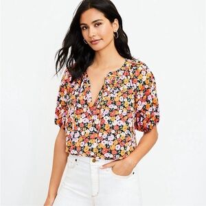 LOFT Boho Floral Tie Neck Puff Sleeve Blouse Top
